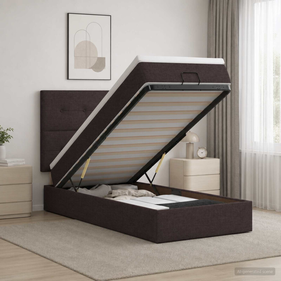 vidaXL Ottoman bed met matras Donkerbruin 90 x 190 cm Stof afbeelding 1