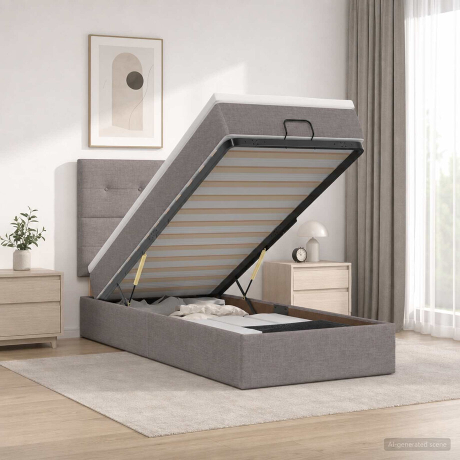 vidaXL Ottoman bed met matras met hoofdeinde Taupe 100 x 200 cm Stof vidaXL Ottoman bed met matras met hoofdeinde Taupe 100 x 200 cm Stof afbeelding 1