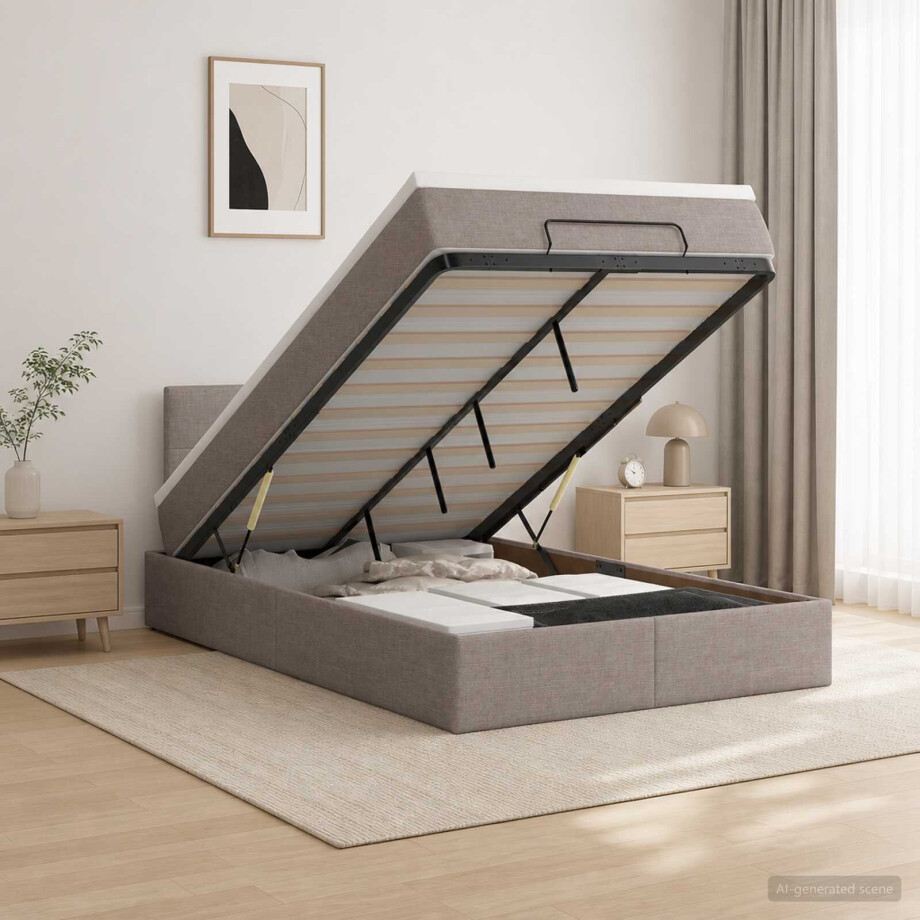 vidaXL Ottoman bed met matras met hoofdeinde Taupe 120 x 190 cm Stof afbeelding 1