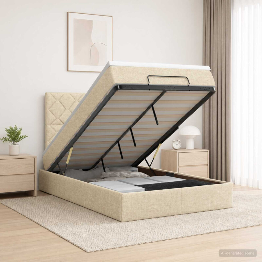 vidaXL Ottoman bed met matras Crèmekleurig 120 x 190 cm Stof afbeelding 1