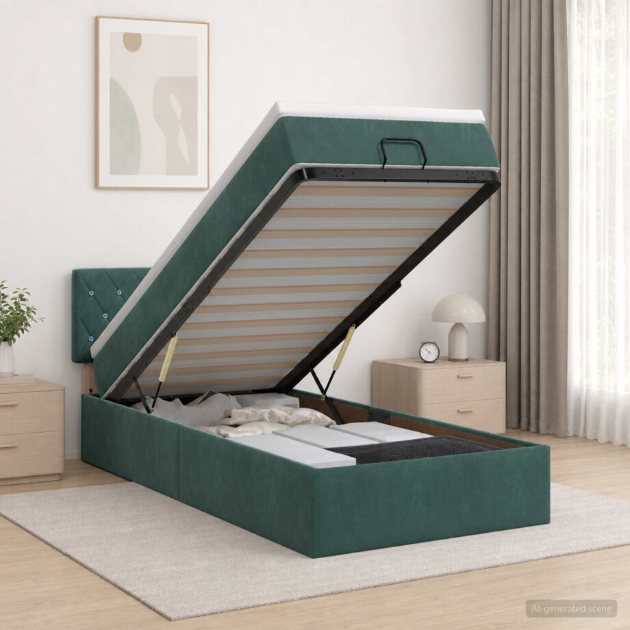 vidaXL Ottoman bed met matras Donkergroen 90 x 200 cm Fluweel afbeelding 1