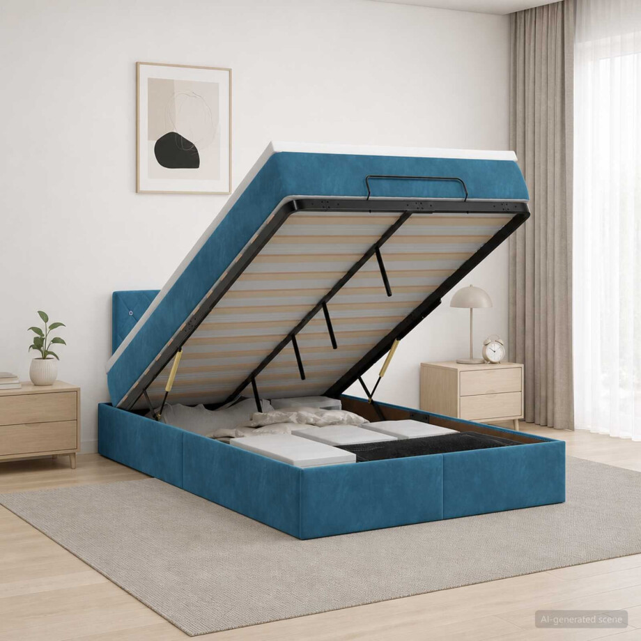 vidaXL Ottoman bed met matras Donkerblauw 120 x 190 cm Fluweel vidaXL Ottoman bed met matras Donkerblauw 120 x 190 cm Fluweel afbeelding 1