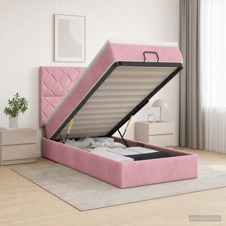 vidaXL Ottoman bed met matras met hoofdeinde Roze 100 x 200 cm Fluweel afbeelding 1
