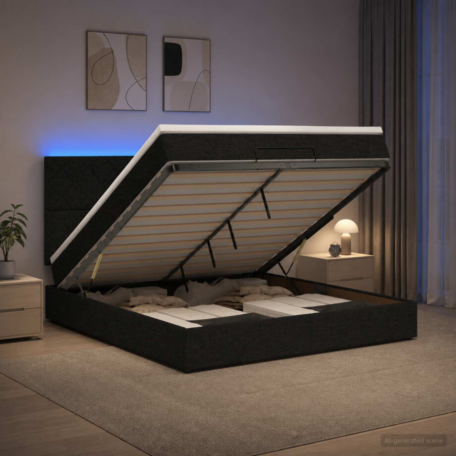 vidaXL Ottoman Bed met Matrassen en LED Zwart 140 x 190 cm Stof vidaXL Ottoman Bed met Matrassen en LED Zwart 140 x 190 cm Stof afbeelding 1