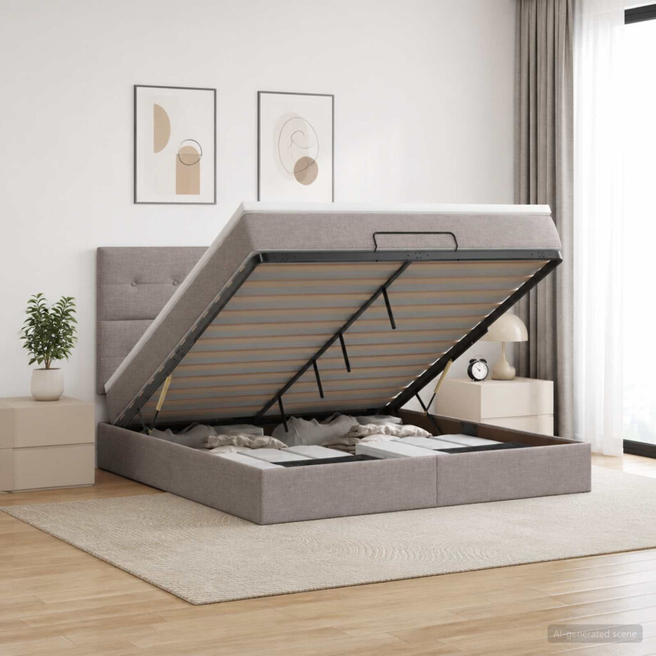 vidaXL Ottoman bed met matras met hoofdeinde Taupe 140 x 200 cm Stof afbeelding 1