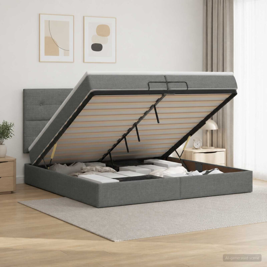 vidaXL Ottoman bed met matras Donkergrijs 200 x 200 cm Stof vidaXL Ottoman bed met matras Donkergrijs 200 x 200 cm Stof afbeelding 1