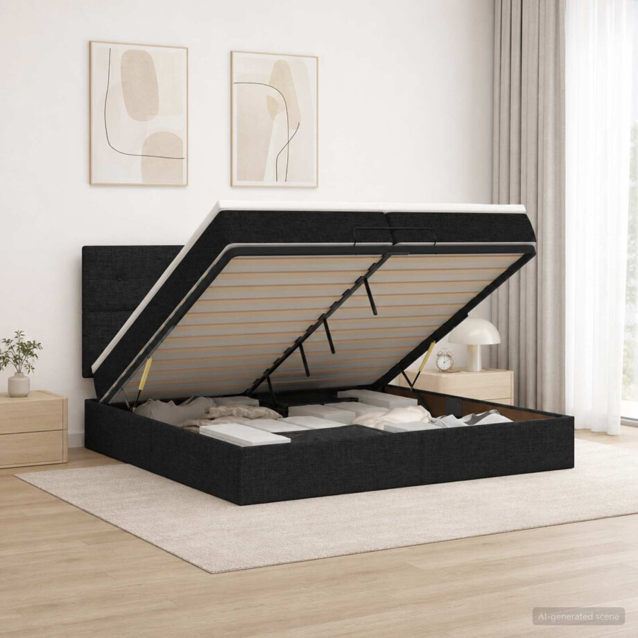 vidaXL Ottoman bed met matras met hoofdeinde Zwart 200 x 200 cm Stof afbeelding 1