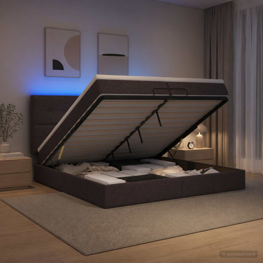vidaXL Ottoman Bed met Matrassen en LED Donkerbruin 200 x 200 cm Stof afbeelding 1