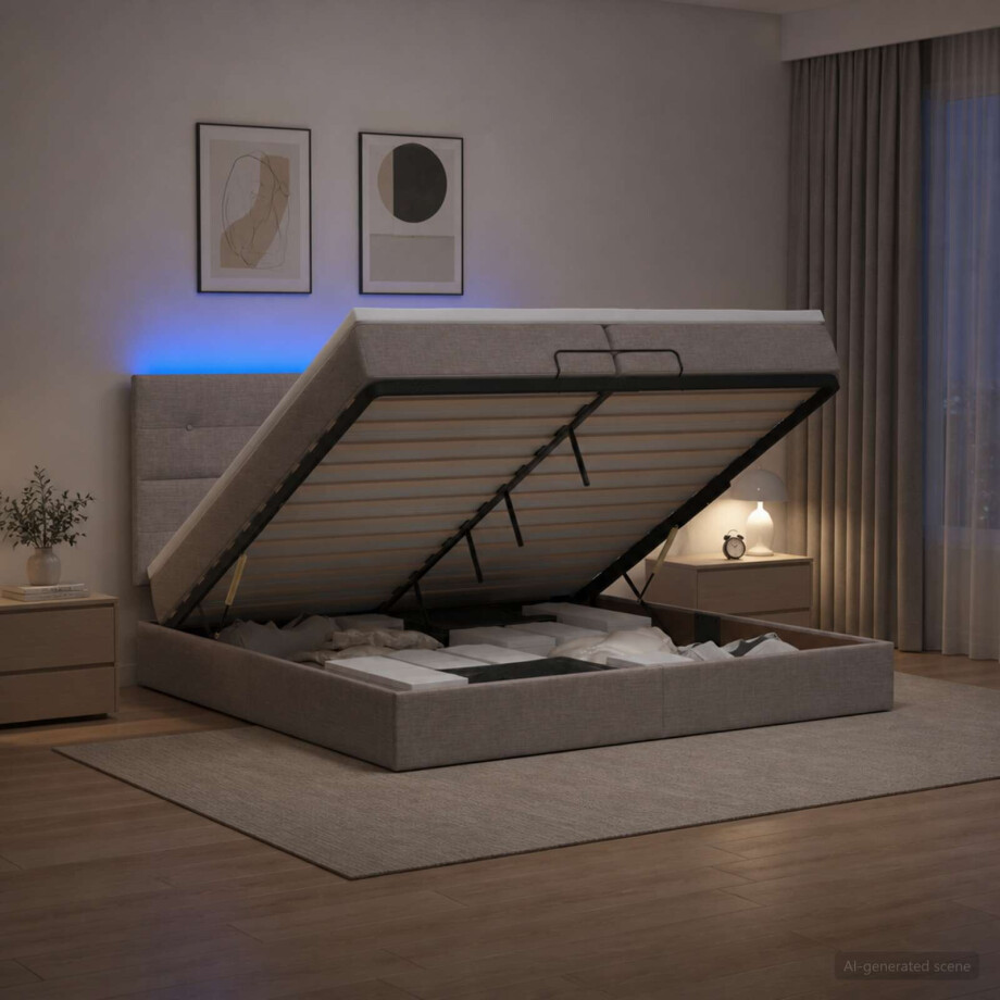 vidaXL Ottoman Bed met Matrassen en LED Taupe 200 x 200 cm Stof vidaXL Ottoman Bed met Matrassen en LED Taupe 200 x 200 cm Stof afbeelding 1
