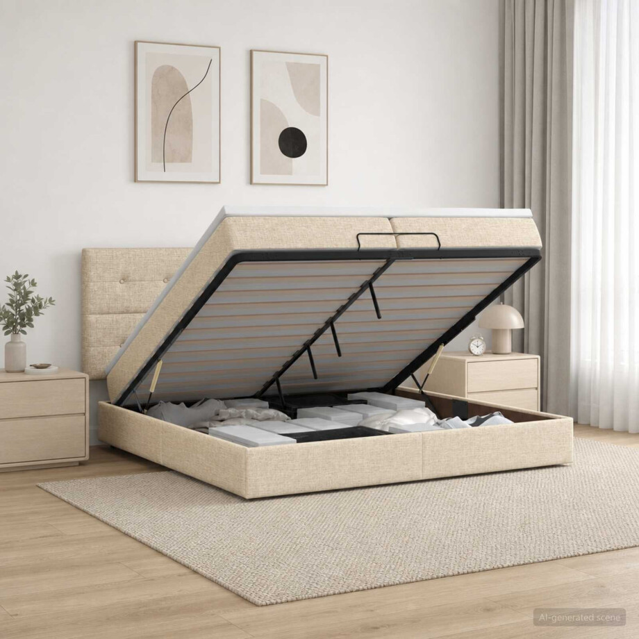 vidaXL Ottoman bed met matras Crèmekleurig 200 x 200 cm Stof afbeelding 1