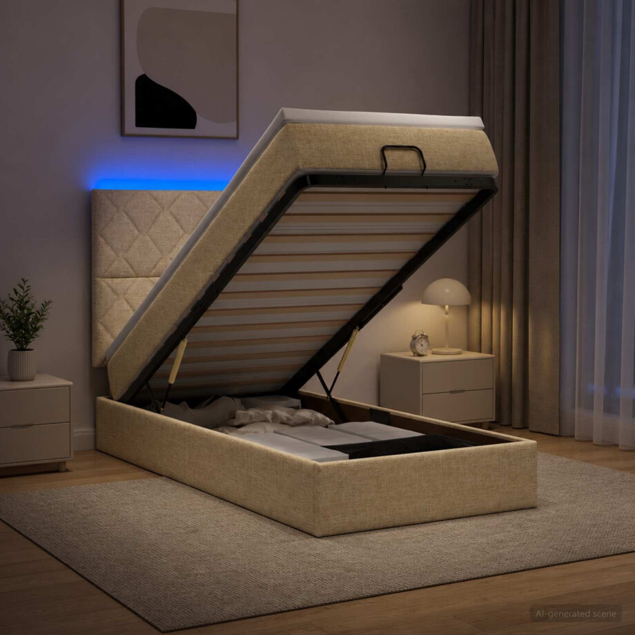 vidaXL Ottoman Bed met Matrassen en LED Crèmekleurig 100 x 200 cm Stof afbeelding 1