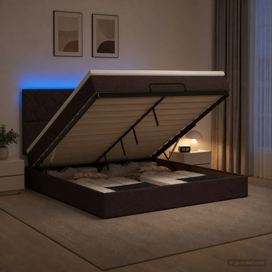 vidaXL Ottoman Bed met Matrassen en LED Donkerbruin 140 x 200 cm Stof afbeelding 1