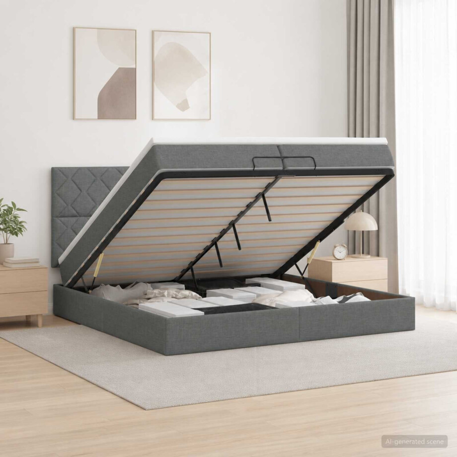 vidaXL Ottoman Bed met Matrassen en LED Donkergrijs 200 x 200 cm Stof vidaXL Ottoman Bed met Matrassen en LED Donkergrijs 200 x 200 cm Stof afbeelding 1