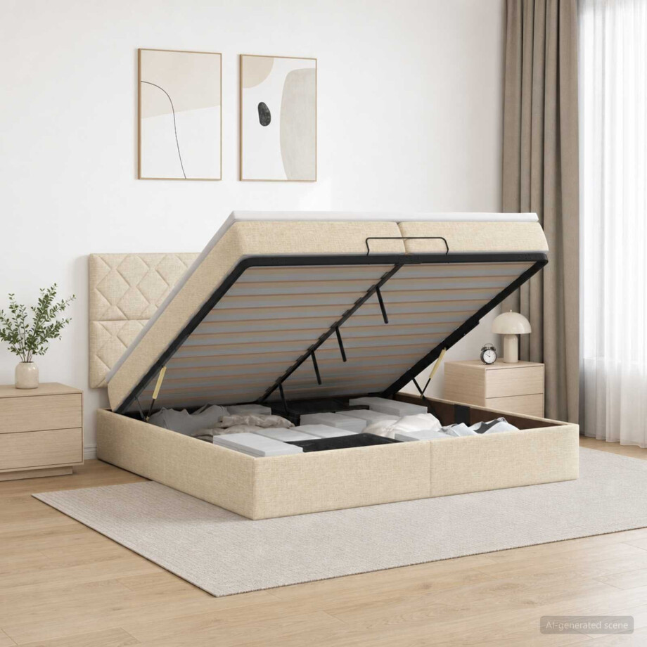 vidaXL Ottoman bed met matras Crèmekleurig 200 x 200 cm Stof afbeelding 1