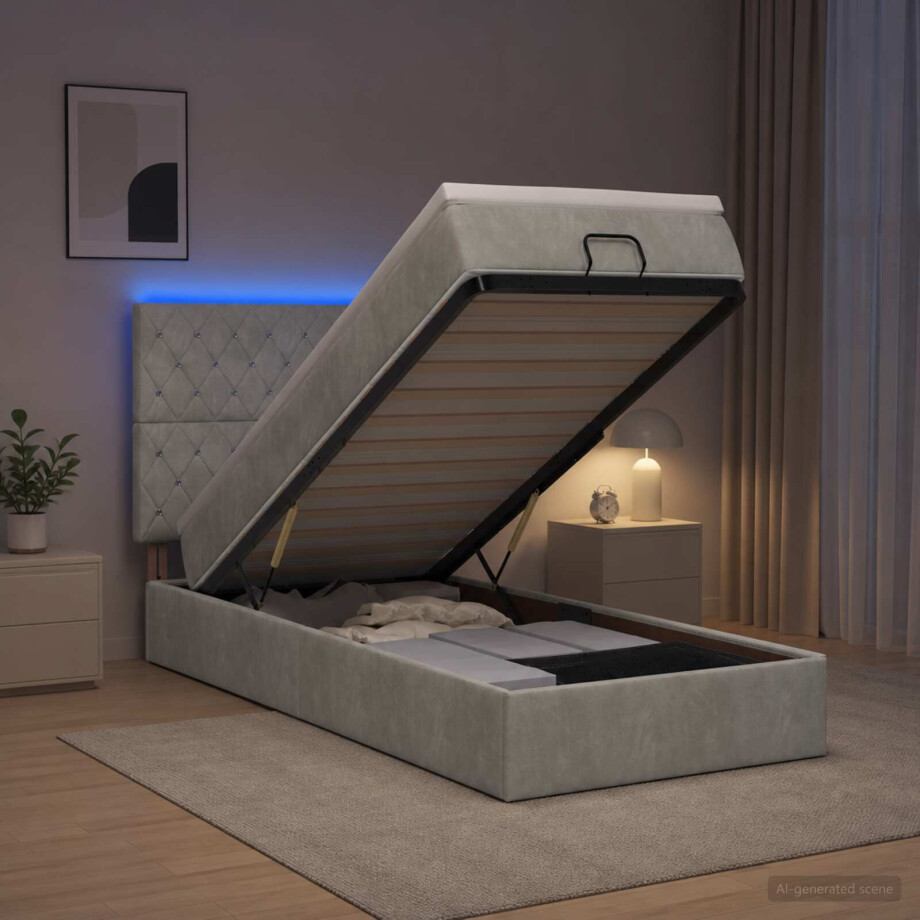 vidaXL Ottoman Bed met Matrassen en LED Lichtgrijs 90 x 200 cm fluweel afbeelding 1