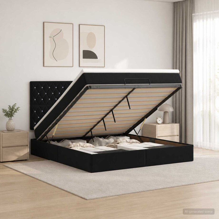 vidaXL Ottoman bed met matras Zwart 160 x 200 cm Fluweel vidaXL Ottoman bed met matras Zwart 160 x 200 cm Fluweel afbeelding 1