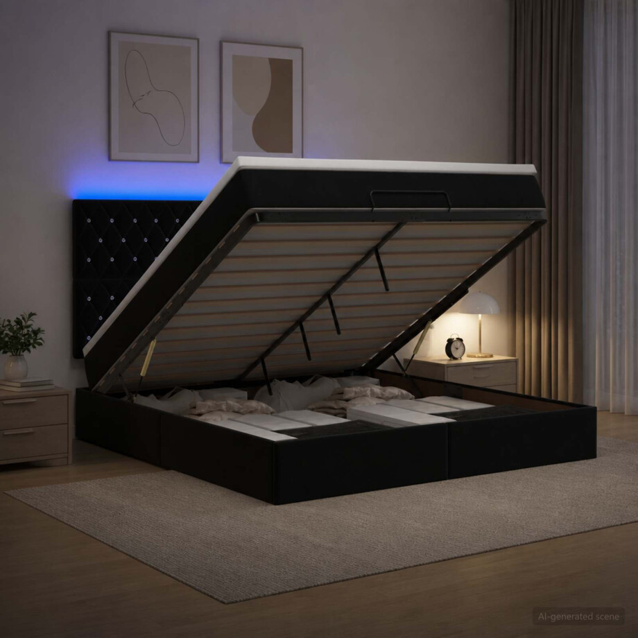 vidaXL Ottoman Bed met Matrassen en LED Zwart 160 x 200 cm fluweel afbeelding 1