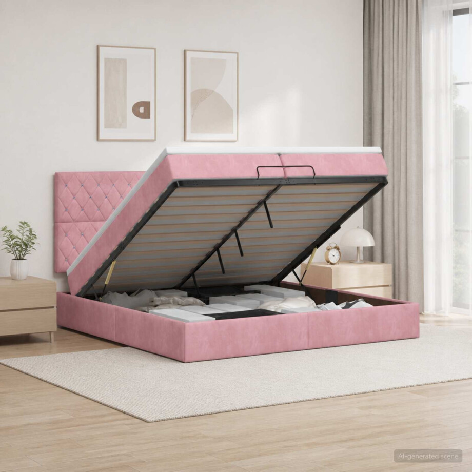 vidaXL Ottoman Bed met Matrassen en LED Roze 200 x 200 cm fluweel vidaXL Ottoman Bed met Matrassen en LED Roze 200 x 200 cm fluweel afbeelding 1