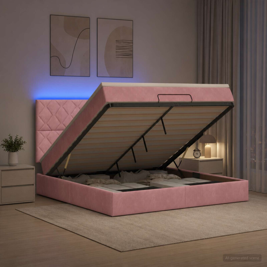 vidaXL Ottoman Bed met Matrassen en LED Roze 160 x 200 cm fluweel afbeelding 1