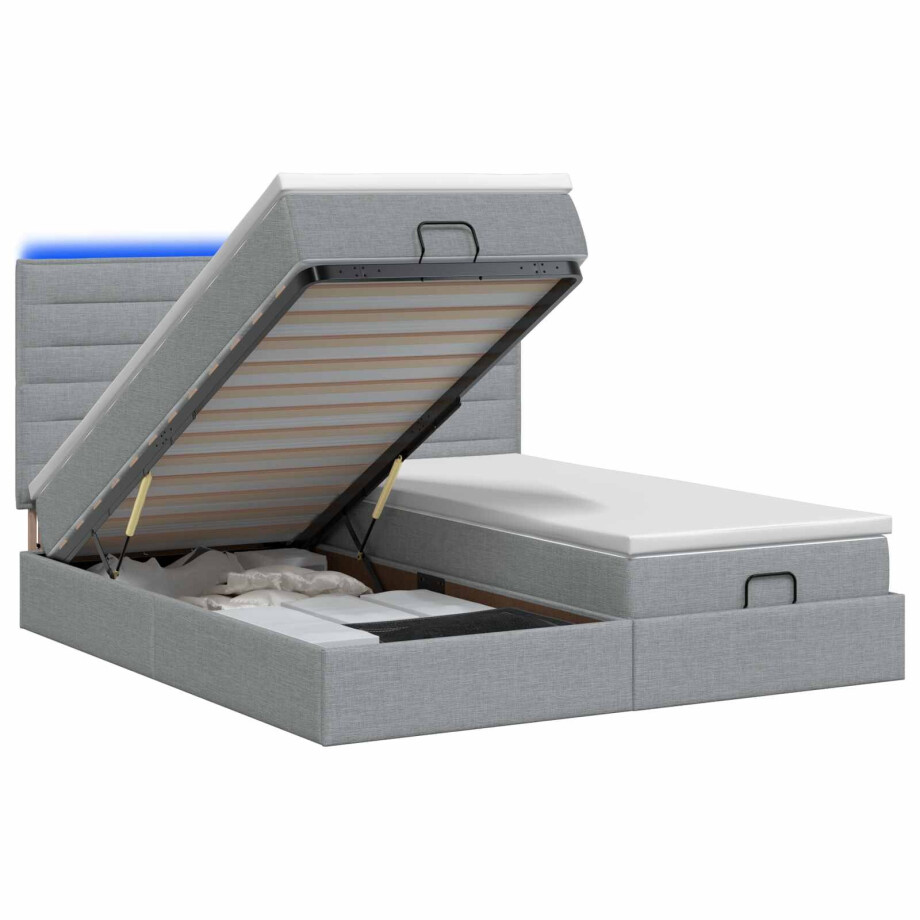 vidaXL Ottoman Bed met Matrassen en LED Lichtgrijs 200 x 200 cm Stof afbeelding 1