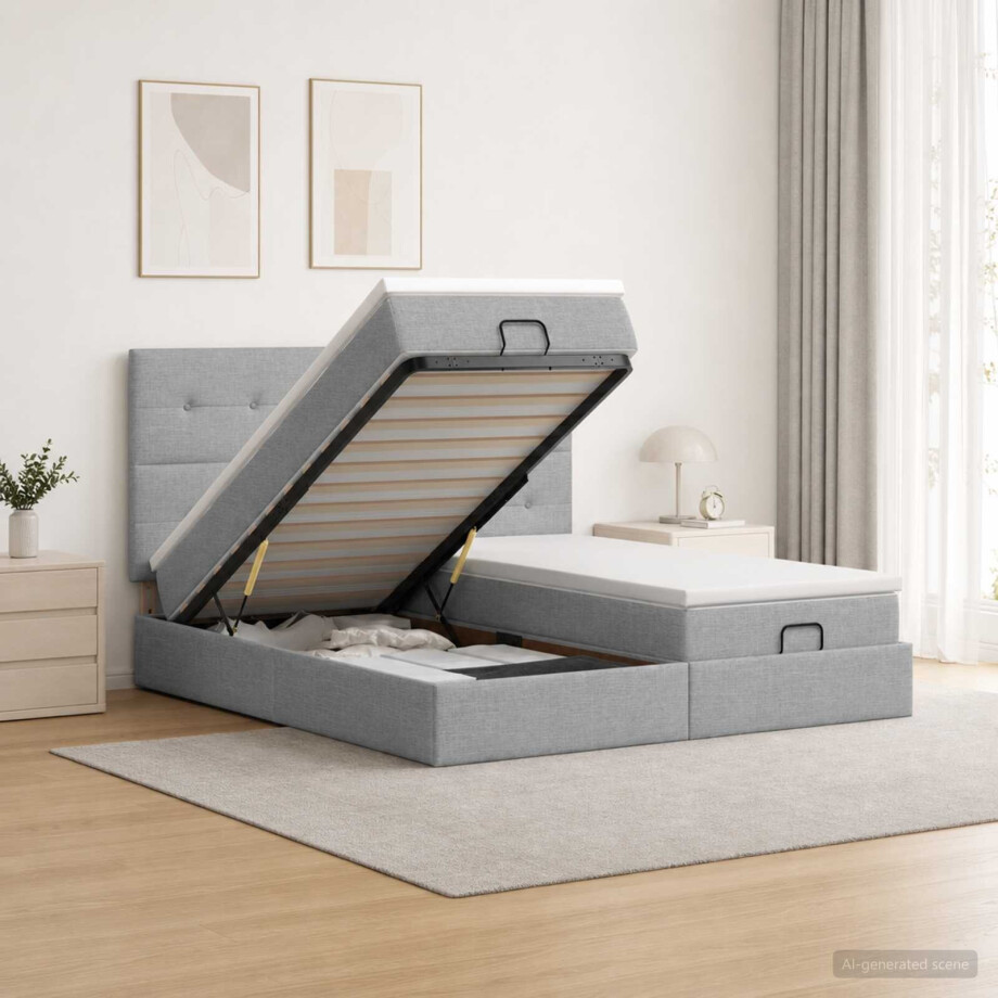 vidaXL Ottoman bed met matras met hoofdeinde 2 st Lichtgrijs Stof afbeelding 1