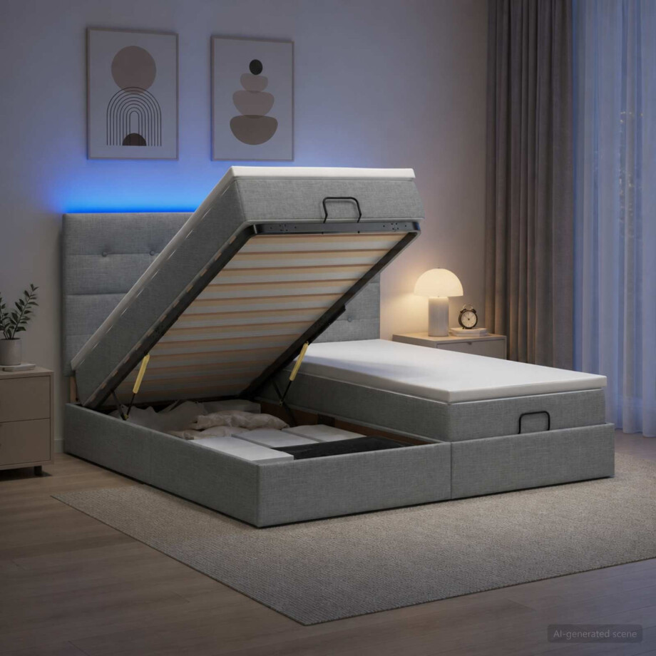 vidaXL Ottoman Bed met Matrassen en LED Lichtgrijs 200 x 200 cm Stof afbeelding 1