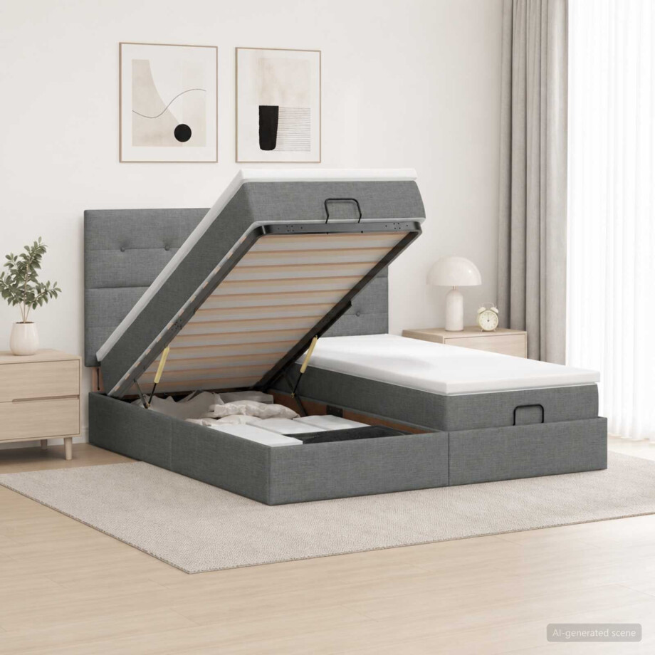 vidaXL Ottoman bed met matras met hoofdeinde 2 st Donkergrijs Stof afbeelding 1
