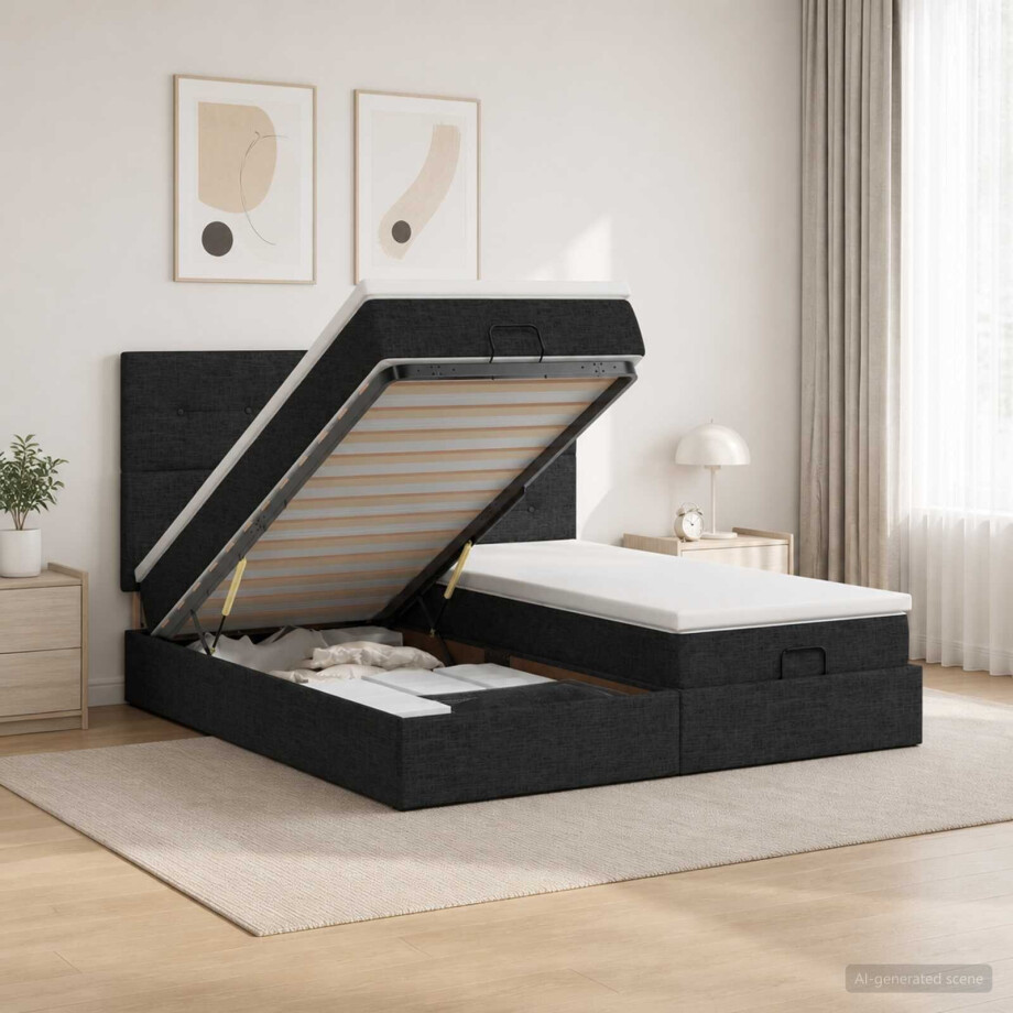 vidaXL Ottoman Bed met Matrassen en LED Zwart 200 x 200 cm Stof vidaXL Ottoman Bed met Matrassen en LED Zwart 200 x 200 cm Stof afbeelding 1