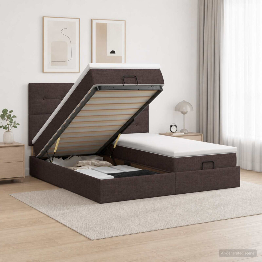 vidaXL Ottoman bed met matras met hoofdeinde 2 st Donkerbruin Stof afbeelding 1