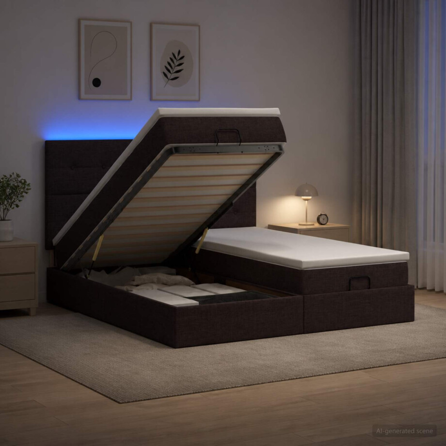 vidaXL Ottoman Bed met Matrassen en LED Donkerbruin 200 x 200 cm Stof afbeelding 1