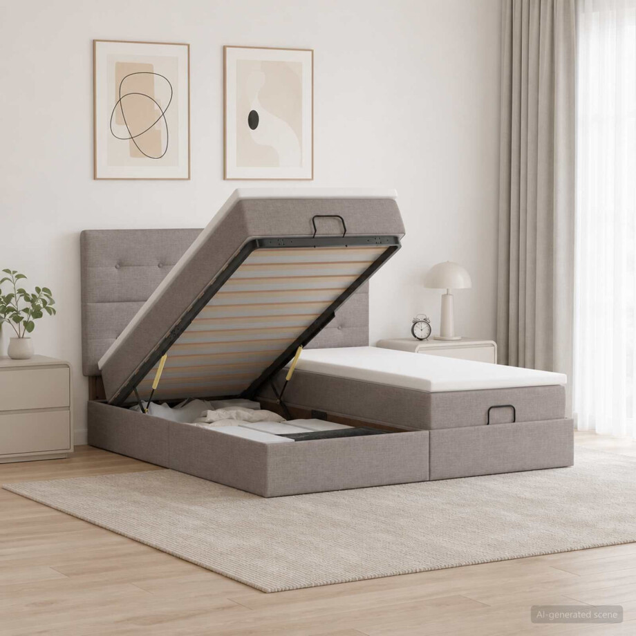 vidaXL Ottoman bed met matras met hoofdeinde 2 st Taupe Stof afbeelding 1