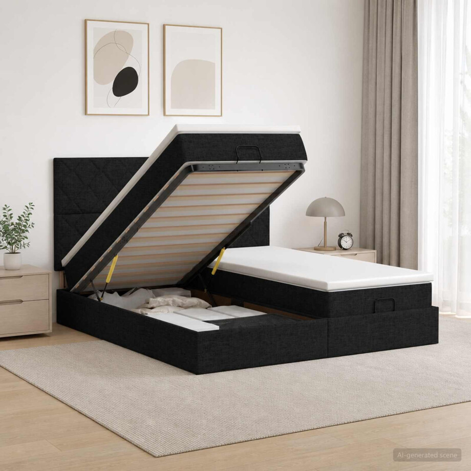 vidaXL Ottoman bed met matras met hoofdeinde 2 st Zwart Stof afbeelding 1