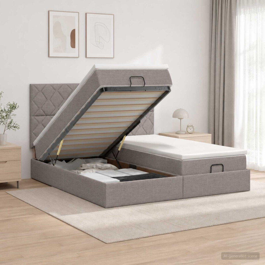 vidaXL Ottoman bed met matras met hoofdeinde 2 st Taupe Stof afbeelding 1