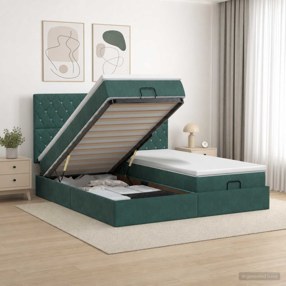 vidaXL Ottoman bed met matras met hoofdeinde 2 st Donkergroen Fluweel afbeelding 1