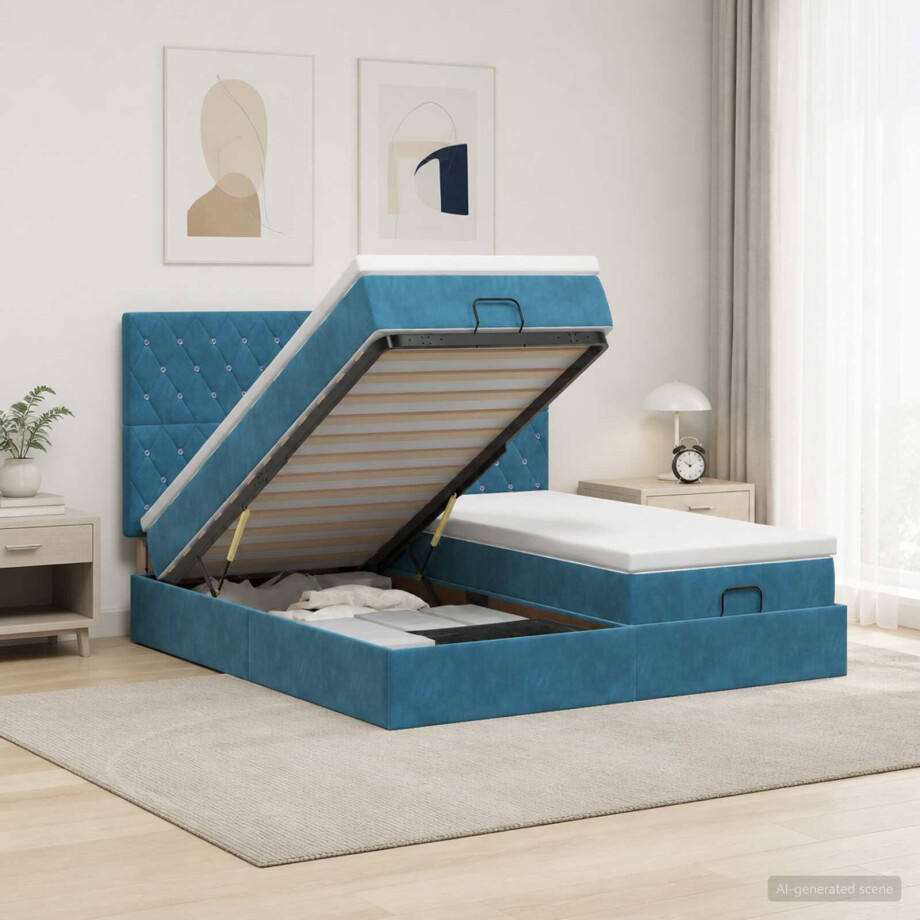 vidaXL Ottoman bed met matras met hoofdeinde 2 st Donkerblauw Fluweel afbeelding 1
