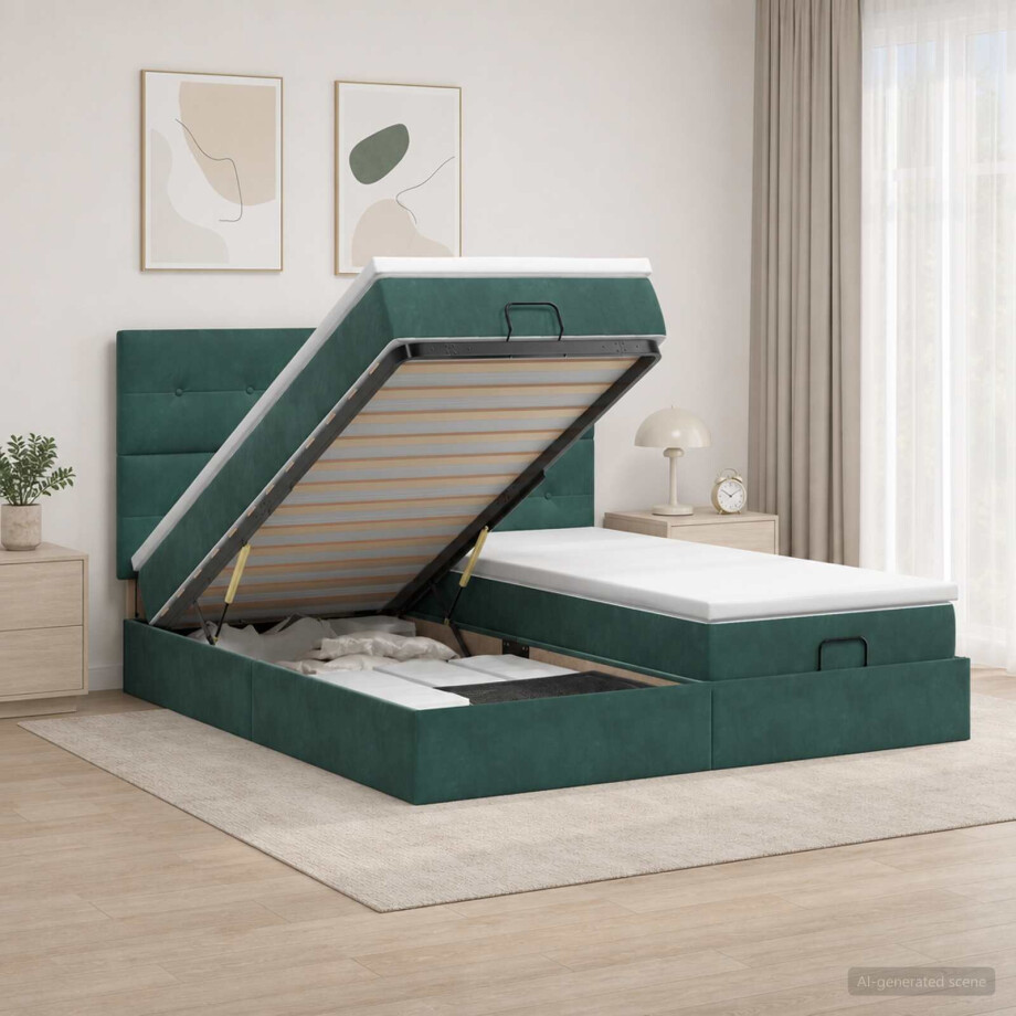 vidaXL Ottoman bed met matras met hoofdeinde 2 st Donkergroen Fluweel afbeelding 1