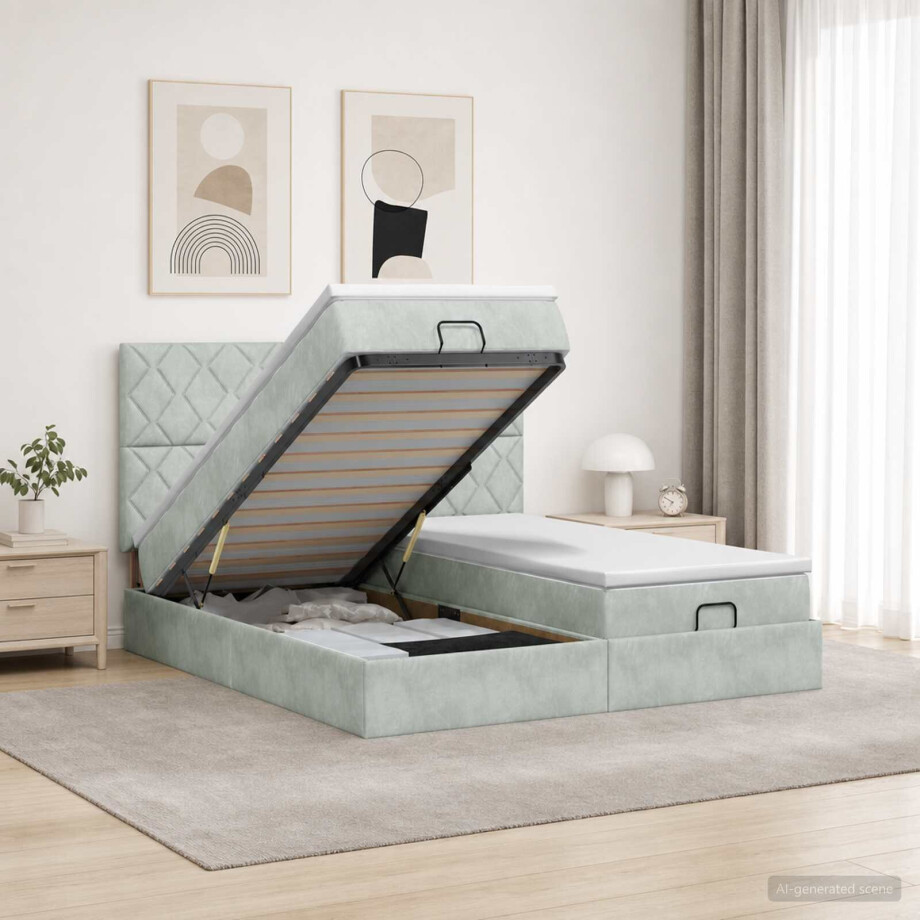 vidaXL Ottoman bed met matras met hoofdeinde 2 st Lichtgrijs Fluweel afbeelding 1