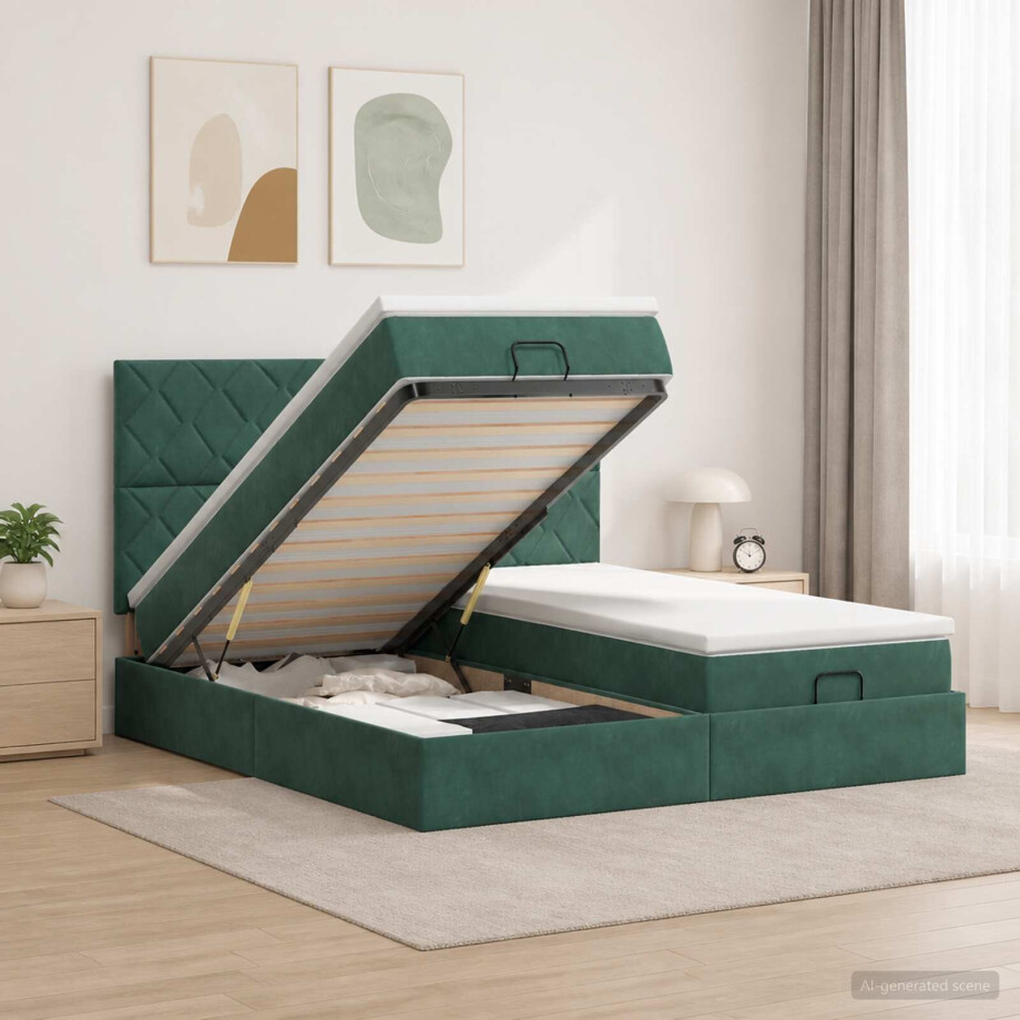 vidaXL Ottoman bed met matras met hoofdeinde 2 st Donkergroen Fluweel afbeelding 1