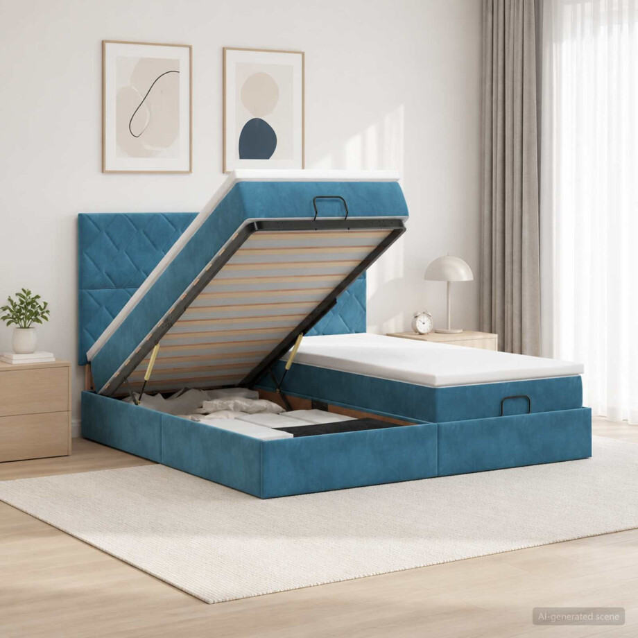 vidaXL Ottoman bed met matras met hoofdeinde 2 st Donkerblauw Fluweel afbeelding 1