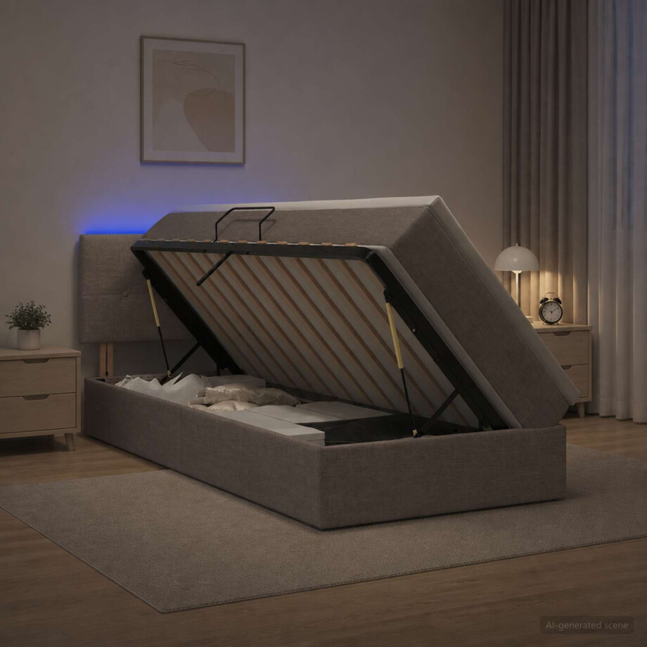 vidaXL LED Opslagbed met Matras Taupe 90 x 200 cm Stof vidaXL LED Opslagbed met Matras Taupe 90 x 200 cm Stof afbeelding 1