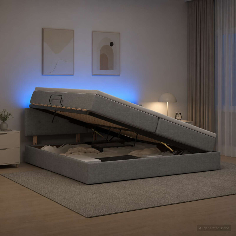 vidaXL LED Opslagbed met Matras Lichtgrijs 200 x 200 cm Stof afbeelding 1