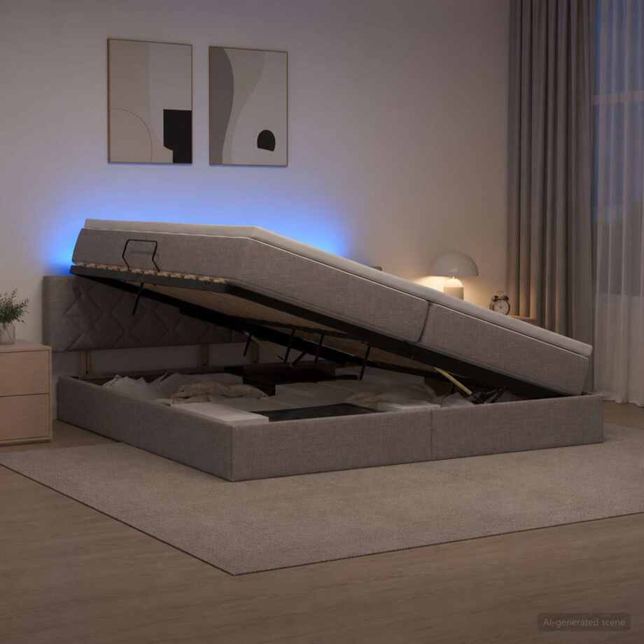 vidaXL LED Opslagbed met Matras Taupe 200 x 200 cm Stof afbeelding 1