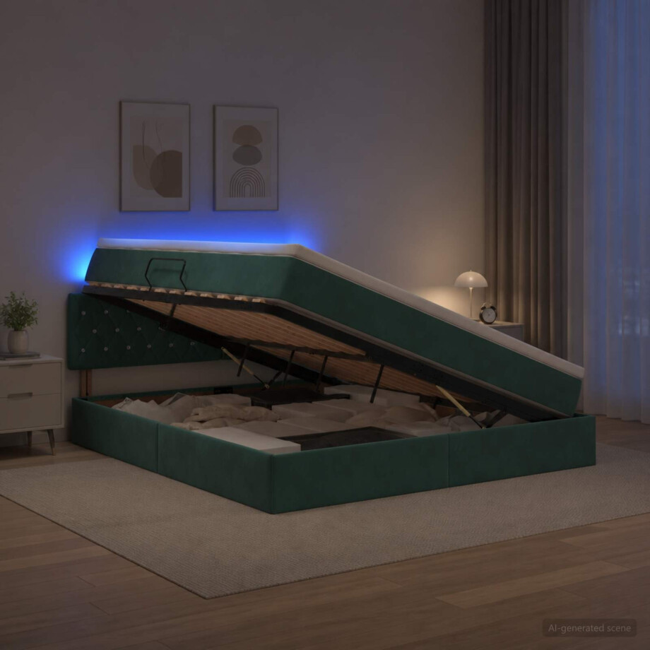 vidaXL LED Opslagbed met Matras Donkergroen 180 x 200 cm Fluweel afbeelding 1