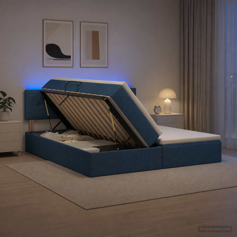 vidaXL LED Opslagbed met Matras Blauw 180 x 200 cm Stof vidaXL LED Opslagbed met Matras Blauw 180 x 200 cm Stof afbeelding 1