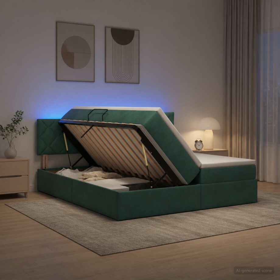vidaXL LED Opslagbed met Matras Donkergroen 200 x 200 cm Fluweel afbeelding 1