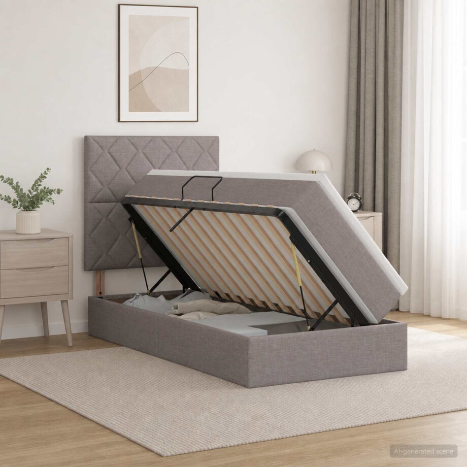 vidaXL Opslag bed met matras met hoofdeinde Taupe 90 x 200 cm Stof vidaXL Opslag bed met matras met hoofdeinde Taupe 90 x 200 cm Stof afbeelding 1