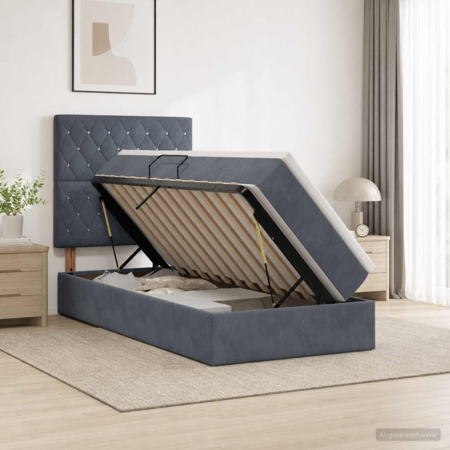 vidaXL Opslag bed met matras Donkergrijs 100 x 200 cm Fluweel afbeelding 1