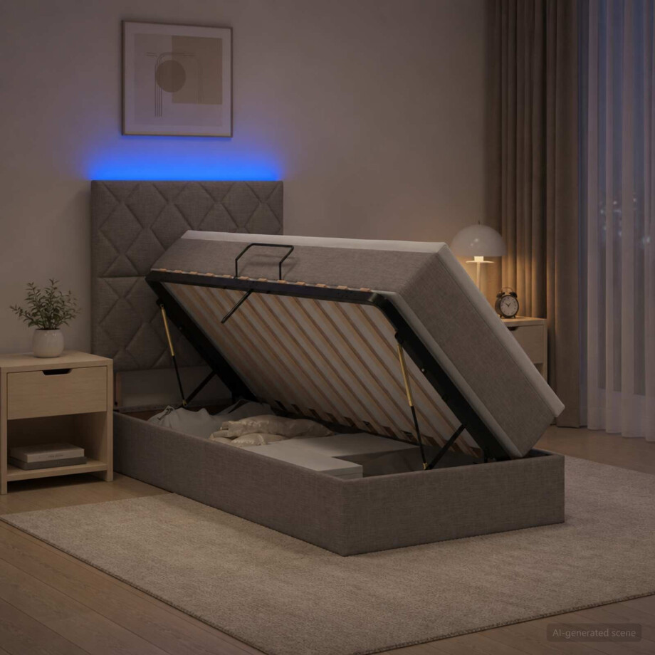 vidaXL LED Opslagbed met Matras Taupe 90 x 200 cm Stof vidaXL LED Opslagbed met Matras Taupe 90 x 200 cm Stof afbeelding 1