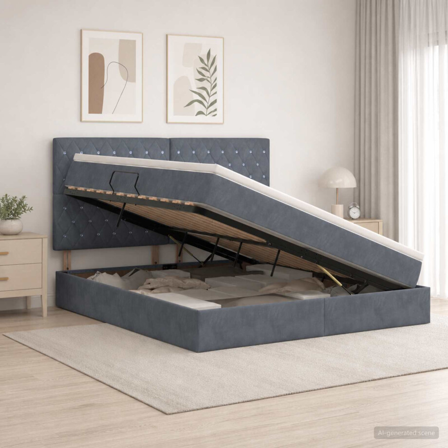 vidaXL Opslag bed met matras Donkergrijs 180 x 200 cm Fluweel afbeelding 1