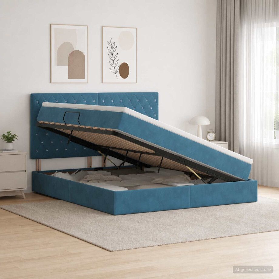 vidaXL Opslag bed met matras Donkerblauw 180 x 200 cm Fluweel afbeelding 1